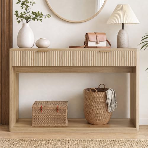 IRONCK 47" Fluted Console Table for Entryway with 2 Large Drawers, Oak