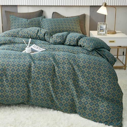Boho Duvet Cover King Geometric Pattern,3Pcs Yarn-Dyed Muslin Cotton Duvet Cover Set Blue Green Flower Bedding Set for Girls Women Without Comforter