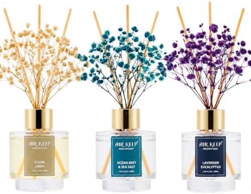 Airkeep Reed Diffuser Set of 3,Clean Linen Ocean Mist&Sea Salt Lavender Eucalyptus Oil Reed Diffusers for Bedroom Living Room Office Aromatherapy Oil Reed Diffuser for Gift 50ml x 3