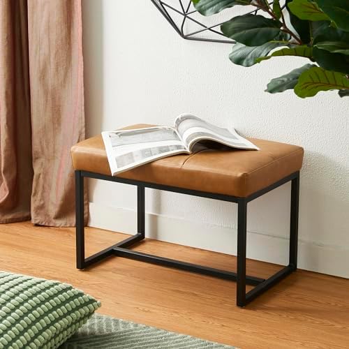 Glitzhome Ottoman Bench, Modern PU Leather Vanity Stools Chairs with Metal Frame, Makeup Stool Padded Foot Rest Stool for Living Room Vanity, Entryway, Bathroom,Light Brown