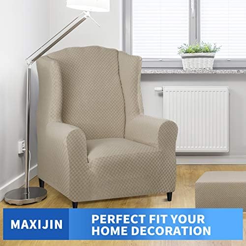 MAXIJIN Wingback Chair Covers 1-Piece Stretch Wing Chair Covers Soft Thick Wingback Armchair Slipcover Non-Slip High Back Chair Furniture Protector Washable (Wing Chair, Khaki)