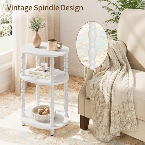 Yoobure 3-Tier Small Side Table - Oval End Table with Vintage Spindle Legs, Accent Night Stand with Storage Shelf for Narrow Spaces, Wood Nightstand Bedside Table for Living Room, Bedroom, White