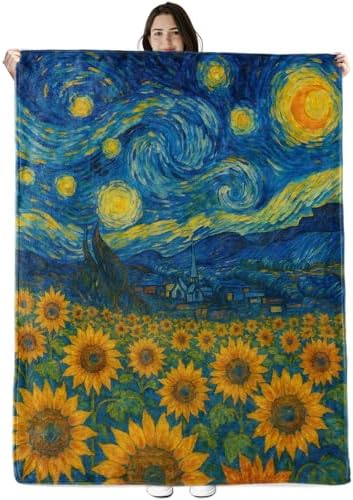Starry Night Sunflower Blanket Gifts for Boys Girls Kids, Sunflowers Art Warm Soft Flannel Throw Blankets for Travel, Sofa, Room, Bedroom Birthday Christmas Spring Decor, 50x60 in