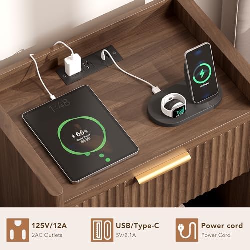25.9" Fluted Nightstand with Charging Station, Large Modern Bedside Table with Storage Drawer and Metal Handle,End Table for Bedroom, Home Office(1 Pack, Dark Walnut)