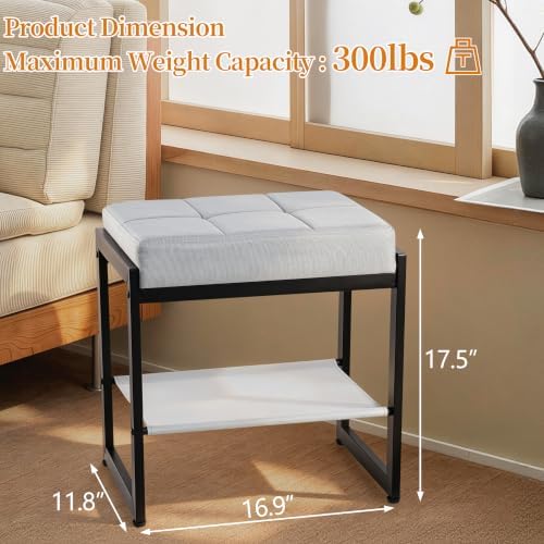 Vanity Stool, Vanity Chair Stools with a Lower Storage Shelf, Square Linen Upholstered Ottoman Bench for Bedroom, Living Room, Small Modern Metal Legs Makeup Chairs, Grey&Black
