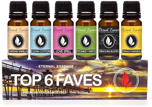 Top 6 Faves - Set of 6 Premium Fragrance Oils - Love Spell, Tahitian Vanilla, Clean Cotton, Mango, Dragon's Blood and Monkey Farts - 10ML