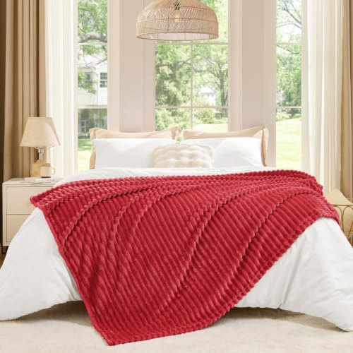 BEDELITE 3D Ribbed Jacquard Red Fleece Throw Blanket for Couch, 50x70 Inch