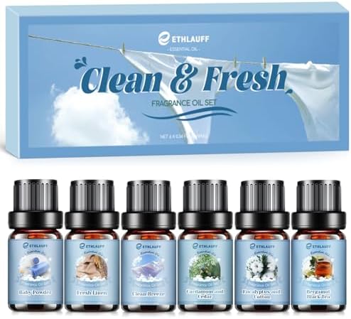 Clean Essential Oils Set, Laundry Collection Essential Oils Set, Pack of 6 Fragrance Oil for Diffuser for Home, Use with Wool Dryer Balls Scents - Fresh Linen, Clean Breeze, Eucalyptus and Cotton