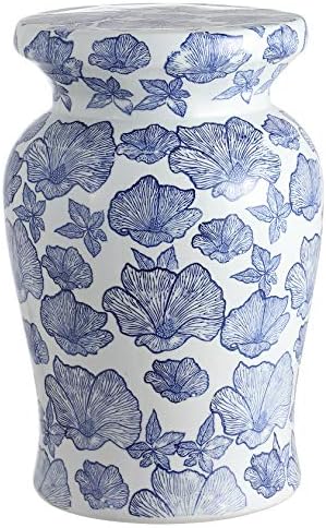 JONATHAN Y Poppies 17.75" Ceramic Drum Garden Stool Side Table, White/Blue