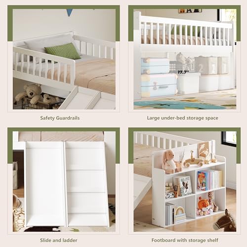 SOFTSEA Twin Size Low Loft Bed with Slide and Guardrails, Wood Loft Bed Frame with Storage Shelves for Kids, White
