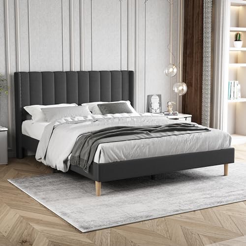Queen Size Bed Frame with Linen Upholstered Headboard, Black
