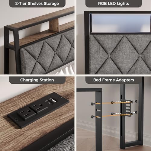 Headboard King Size with Storage, Charging Station & Lights, Dark Grey
