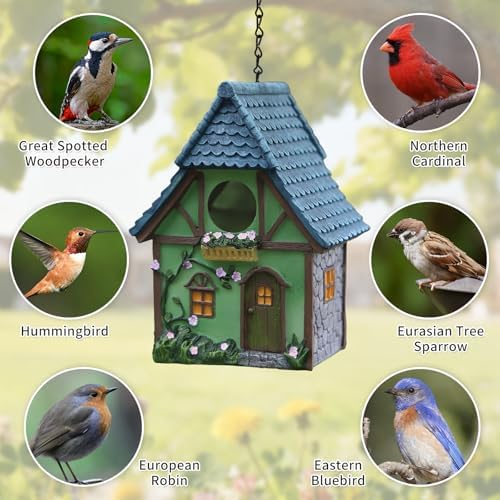 Bird Houses for Outside Cottage Garden Birdhouse –Green Resin Birdhouses for Outdoors with Flower and Stone Details for Bluebird Finches Cardinals Bird Nesting Garden, Patio, Yard