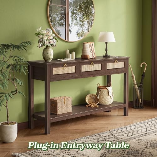 SUPERJARE Rattan Console Sofa Table with Outlets, USB-C Port and 3 Drawers