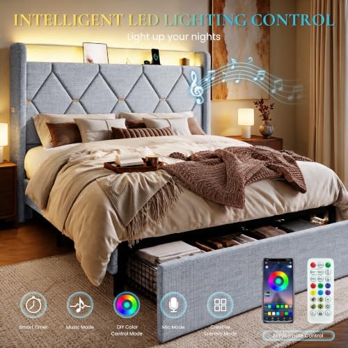 SHA CERLIN Queen Size Bed Frame with Storage Drawer & LED Lights, Grey