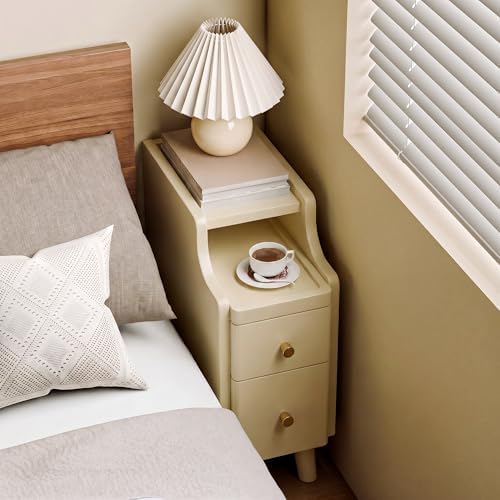 Nightstand with Drawers Set 2, Pre-Assembled, 19.7" H Natural Solid Wood Night Stand with Open Sliding Shelf, Mid Century Modern Small Bedside Table Cabinet for Bedroom, Cream 8"
