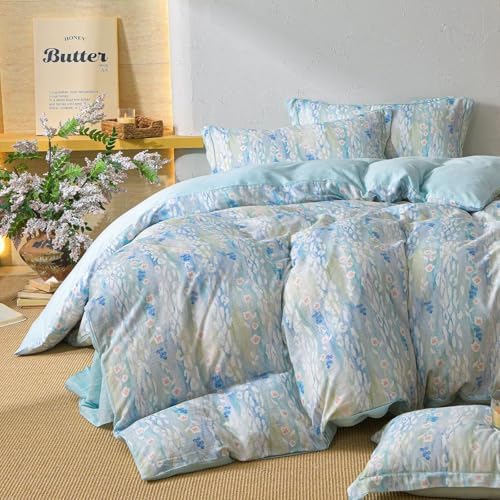 100% Cotton Blue Floral 2 Layer Muslin Duvet Cover Queen Size with 2 Pillowcases,Aesthetics All Season Gauze Comforter Cover for Women,Soft Breathable Duvet Covers Queen 90"×90"