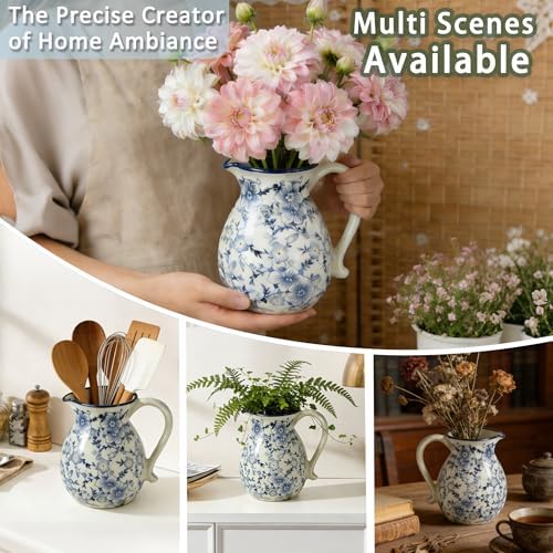 6.1" Blue & White Ceramic Farmhouse Utensil Holder for Kitchen Counter