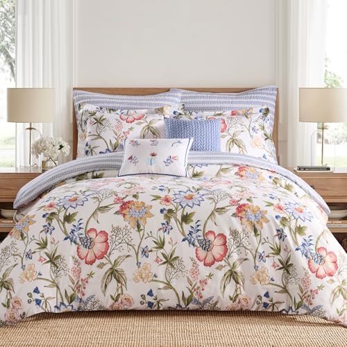 Levtex Home - Maileen Comforter Set - Full/Queen Comforter (90x94in.) and 2 Standard Shams (20x26in.) - Floral - Blue Coral Green White - Reversible - Cotton
