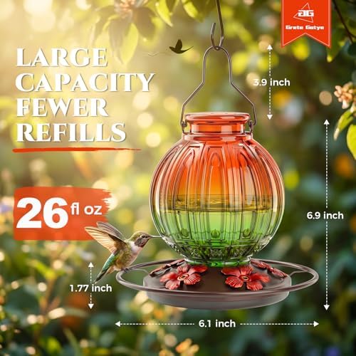 Glass Hummingbird Feeder for Outdoors Hanging, 26 fl oz Bird Nectar Feeder