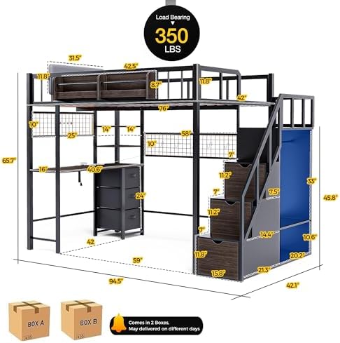 Twin Loft Bed with Desk, Stair, Headboard and Storage (Black)