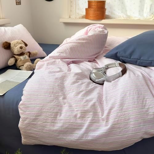 Cottage Striped Twin Duvet Cover- Lilac & Green Stripes Bedding Duvet Cover with Zipper Closure & 2 Pillowcases, Soft Breathable Washed Microfiber Retro Vintage Bedding Set 3-Piece for All Seasons
