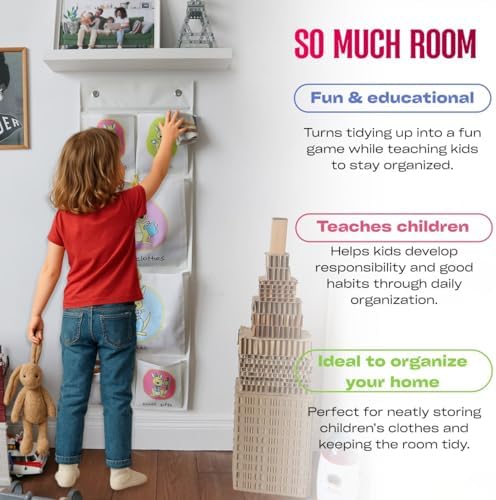 Room Hanging Storage Organizer, Fun & Colorful Storage & Organization for Clothes, Toys, & More. Wall & Door Attachable, Water-Resistant, Ideal for Kids' Room, Locker Kindergarten or Playroom (Gray)