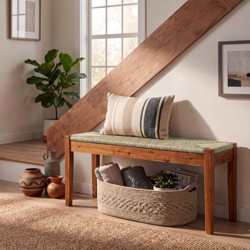 46-Inch Acacia Wood Bench with Natural Seagrass Woven Seat, Indoor Bench