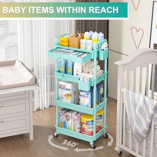 Goovilla 4 Tier Rolling Utility Cart Organizer with Removable Drawer, Blue