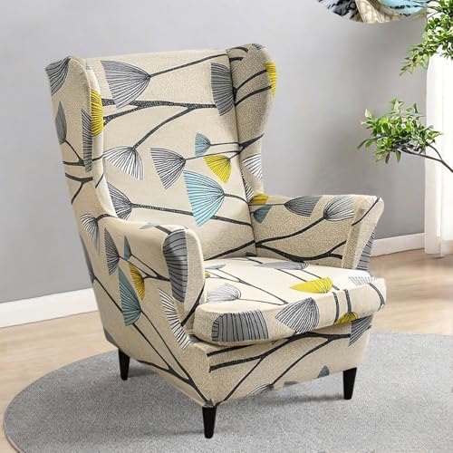 HAOYONG Printed Wingback Chair Covers 2 Pieces Wing Chair Slipcover High Stretch Chair Slip Covers Washable Furniture Protector for Living Room Bedroom Wingback Chair