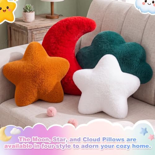 4 Pcs Plush Cloud Star Moon Throw Pillow Set, Brown, Burgundy, White, Green