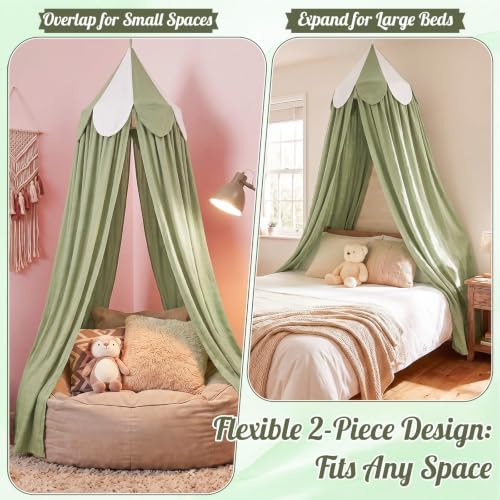 Bed Canopy with Scalloped Edge, 2 Panel Striped, Green