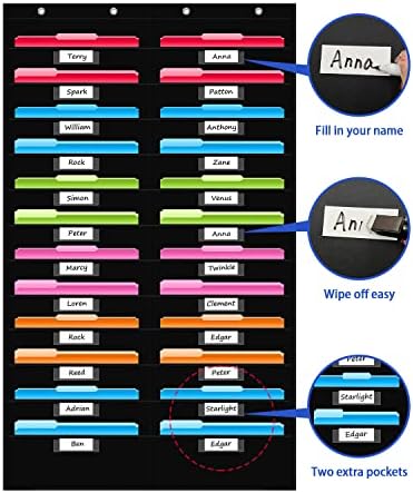 24 Pockets File Storage Pocket Chart with 24 Nametag Pockets, Hanging Wall File Organizer for Classroom and Office, Organize Your Assignments, Files, Scrapbooks, Paper (Black-24 Pockets)
