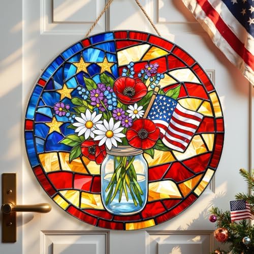 ArogGeld 250th Anniversary Door Sign 4th Of July Wreath 250th Anniversary Decor Floral Jar Patriotic Wreaths For Front Door Independence Memorial Day Wooden Wall Decor Hanging Sign For Home 12in