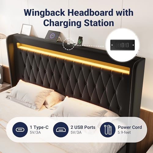 Allewie King Size Upholstered Bed Frame with LED & Charging Station, Black
