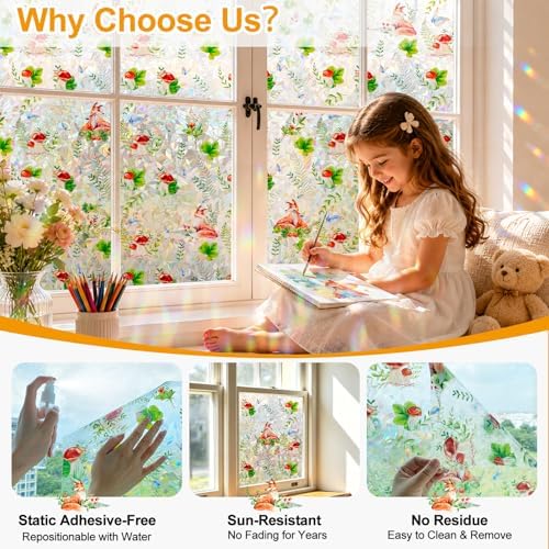 Countewol Privacy Window Films Stain Glass Cling No Glue Anti-UV Window Sticker for Bathroom Bedroom Living Room(Forest Rainbow 70.86" L*30.7" W)