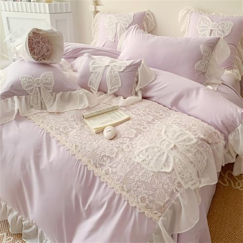 MOOWOO Lovely Bow Chic Duvet Cover Set- Ruffle Lace Polyester Comforter Cover -Girl French Princess Style Bedding-2 Piece Twin Duvet Cover with Zipper Closure-No Comforter-Purple,Twin Size