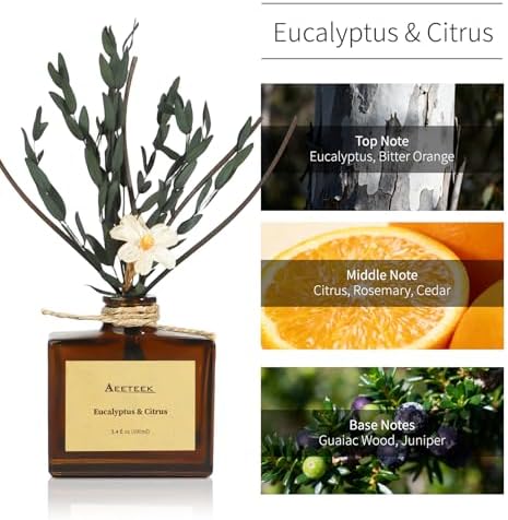 Reed Diffuser, Eucalyptus & Citrus Scented Oil Diffusers for Home with Dried Flowers, 3.4 Fl Oz Essential Oil Diffuser for Bathroom, Elegant Fragrance for Room Decor