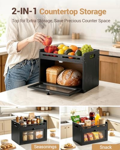 Bread Box for Kitchen Countertop, Bamboo Storage with Top Shelf, Black