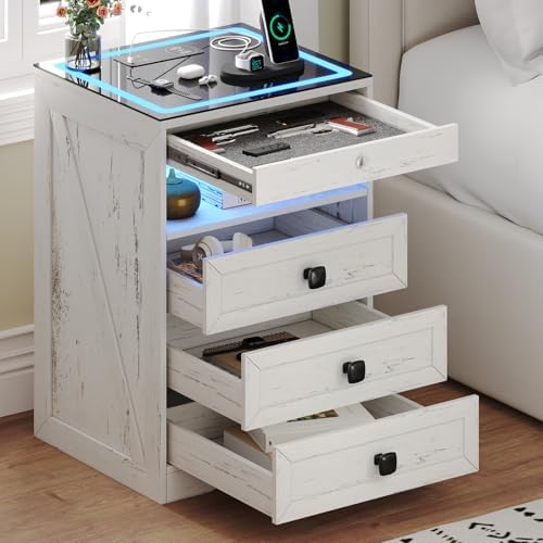 Smart Nightstand with Lockable Gun Drawer,Farmhouse Bedside Table with Charging Station and 3 LED Lights, Modern Night Stand with 3 Drawers,Glass Top End Side Table for Bedroom（White）