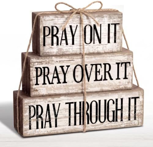 Yuntau 4 Pcs Christian Wooden Block Sign Pray Verse Tiered Tray Decor