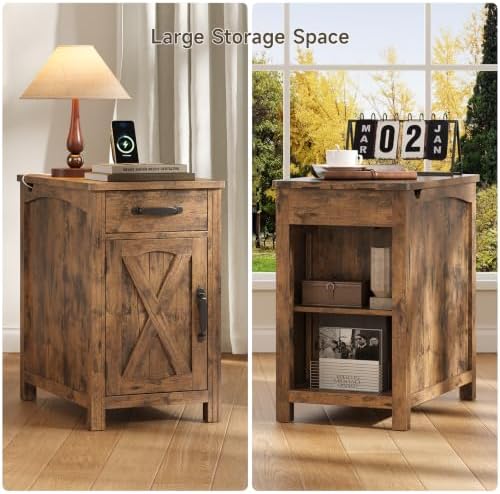ONBRILL Farmhouse End Table with Charging Station,Rustic Brown