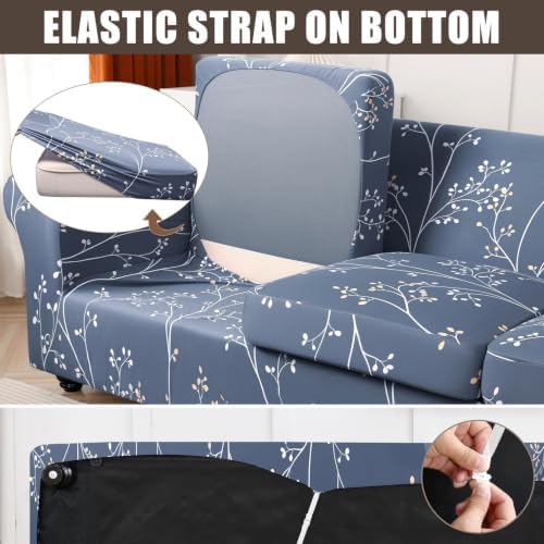 SearchI Stretch Sofa Cover Printed Couch Cover, Floral Pattern 3 Pieces Loveseat Slipcover with 2 Separate Cushion Cover, Washable Furniture Protector for Living Room(Loveseat, Gray Blue)