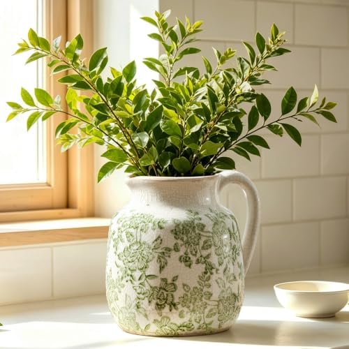 Ceramic Vintage Flower Vase, Utensil Holder, Green and White Decorative Vase Chinoiserie Decor Rustic Farmhouse Retro Floral Vases for Table Bookshelf Mantel Kitchen Living Room - 6.7” Green 016