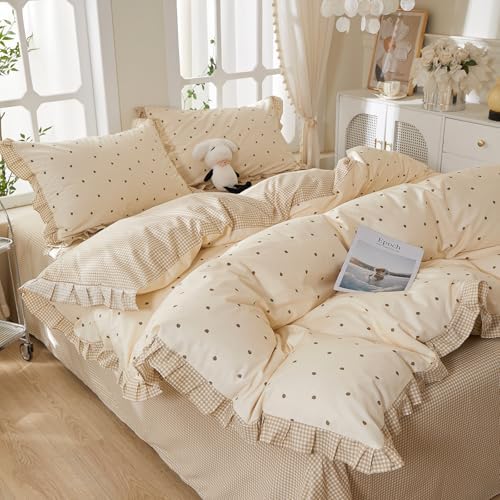 mixinni Floral Duvet Cover Set Twin XL Size – 100% Cotton 3-Piece Bedding Set with Ruffled Trim, Reversible Vintage Beige Gingham & Strawberry Print, Soft Aesthetic Duvet Cover with Zipper Closure