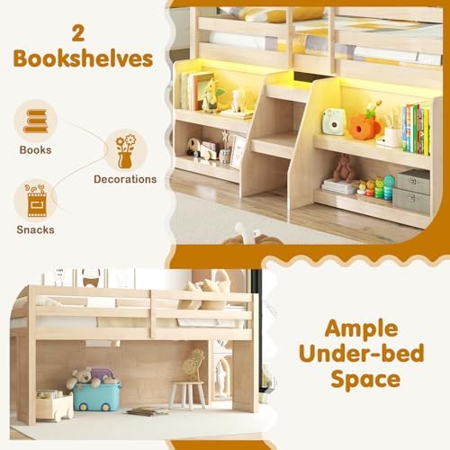GIANTEX Low Loft Bed with LED Lights, Wooden Twin Loft Bed with Stairs & Safety Guardrail, Loft Bed Twin Size with Storage Bookcase and Under-Bed Play Space, Loft Bed for Kids (Natural)