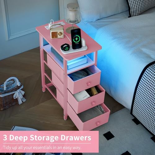 Yoobure End Table with Charging Station, Pink Narrow Nightstand LED Bedside Table, Small Night Stand End Tables Living Room, Skinny Nightstand with 3 Fabric Drawers, Side Table for Small Spaces