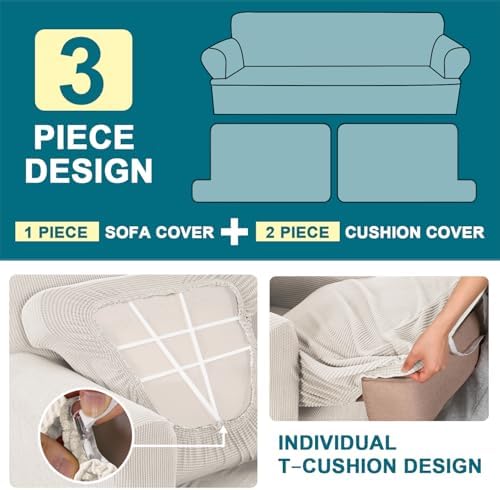 Turquoize 3 Piece T Cushion Loveseat Slipcovers Sofa Cover for 2 Cushion Couch Cover Washable Sofa Slipcover Furniture Covers with 2 Individual T Cushion Seat Covers (2 Cushion Loveseat, Ivory)
