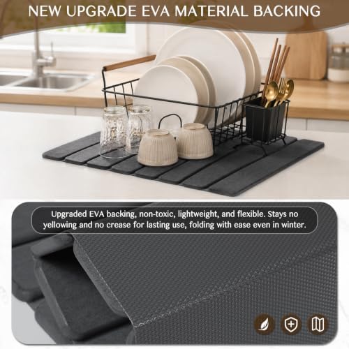 Stone Dish Drying Mat for Kitchen Counter, Thin & Light Quick Dry Stone Dishes Mat, Foldable Water Absorbing Diatomite Drying Pad for Kitchen Bathroom Sink Countertop (Pure Gray 20"x14")