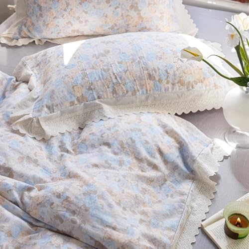 HighBuy Blue Ruffle Duvet Cover Set King Chic Muslin Cotton Floral Bedding Set,Vintage Ruffled Soft Gauze Comforter Cover,Comfortable Chic Lightweight - 1 Duvet Cover with 2 Pillowcase